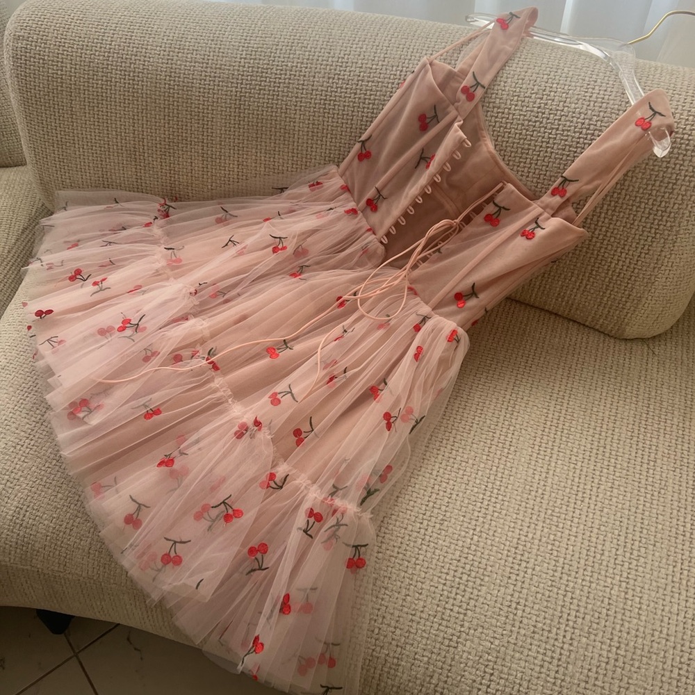 Teuta Matoshi Cherry Tulle Dress – NEW – Handmade Blush Midi Gown - Picture 3 of 5